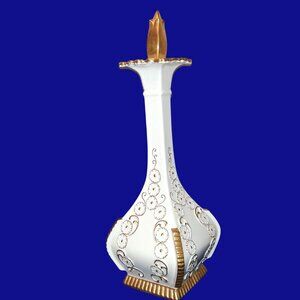 Vtg Porcelain Wine Decanter and Stopper White & Gold Genie Style Embossed Relief